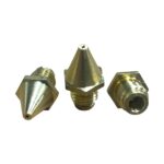 1.0mm brass spray nozzle with the tip of the nozzle facing forward, tip of the nozzle facing up and tip of the nozzle facing towards the back