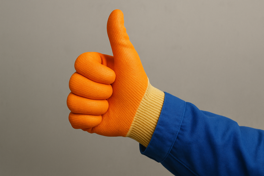 hand wearing safety glove giving thumbs up sign